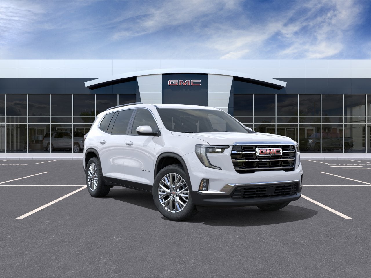 2026 GMC Acadia Elevation in Summit White — front three-quarter view