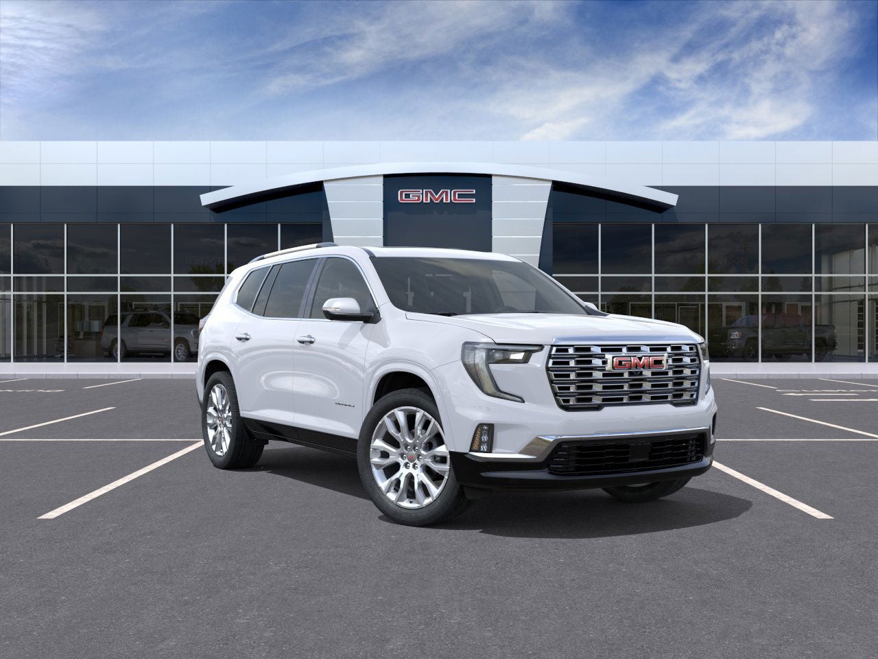 2026 GMC Acadia Denali in Glacier White Tricoat — front three-quarter view