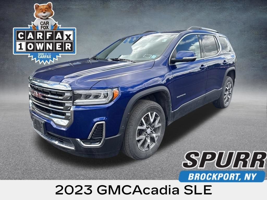 2023 GMC Acadia SLE in Ultra Blue Metallic — front three-quarter view