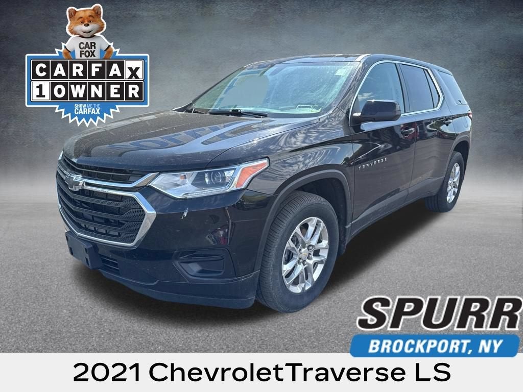 2021 Chevrolet Traverse LS in Mosaic Black Metallic — front three-quarter view