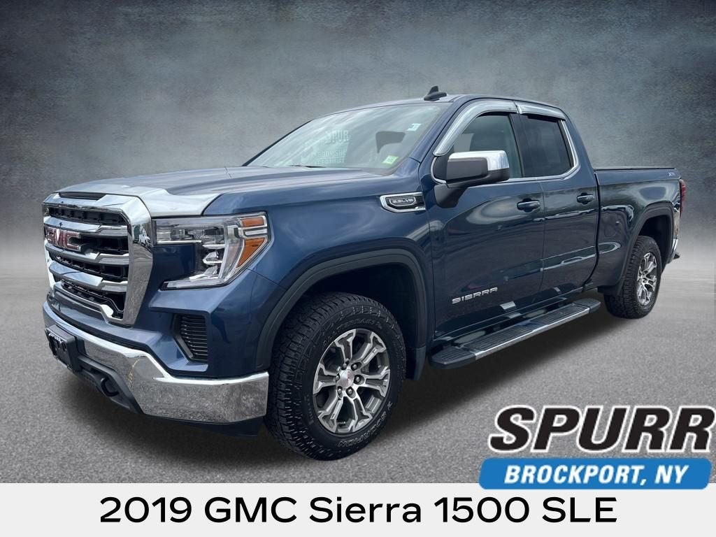 2019 GMC Sierra 1500 SLE in Pacific Blue Metallic — front three-quarter view